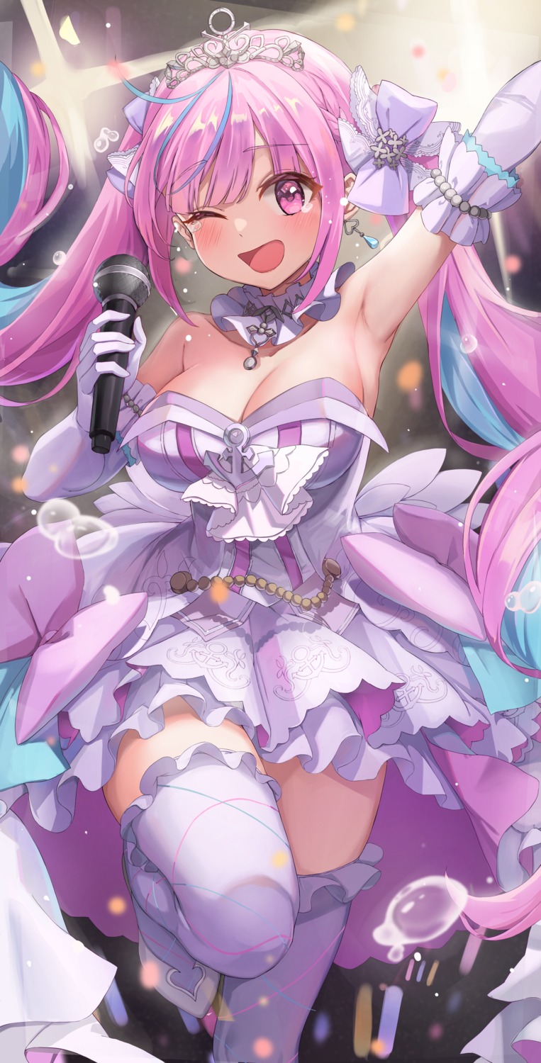 chirang, cleavage, dress, hololive, minato_aqua, no_bra, thighhighs