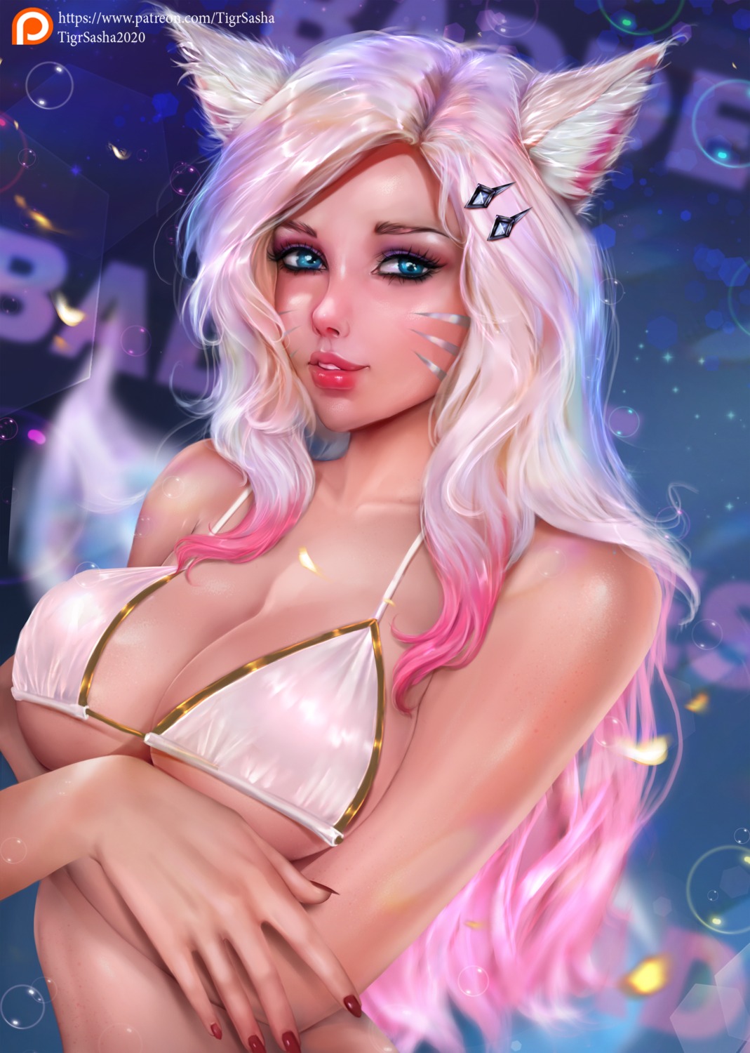 ahri, animal_ears, bikini_top, breast_hold, kitsune, league_of_legends, swimsuits, tail, tigrsasha