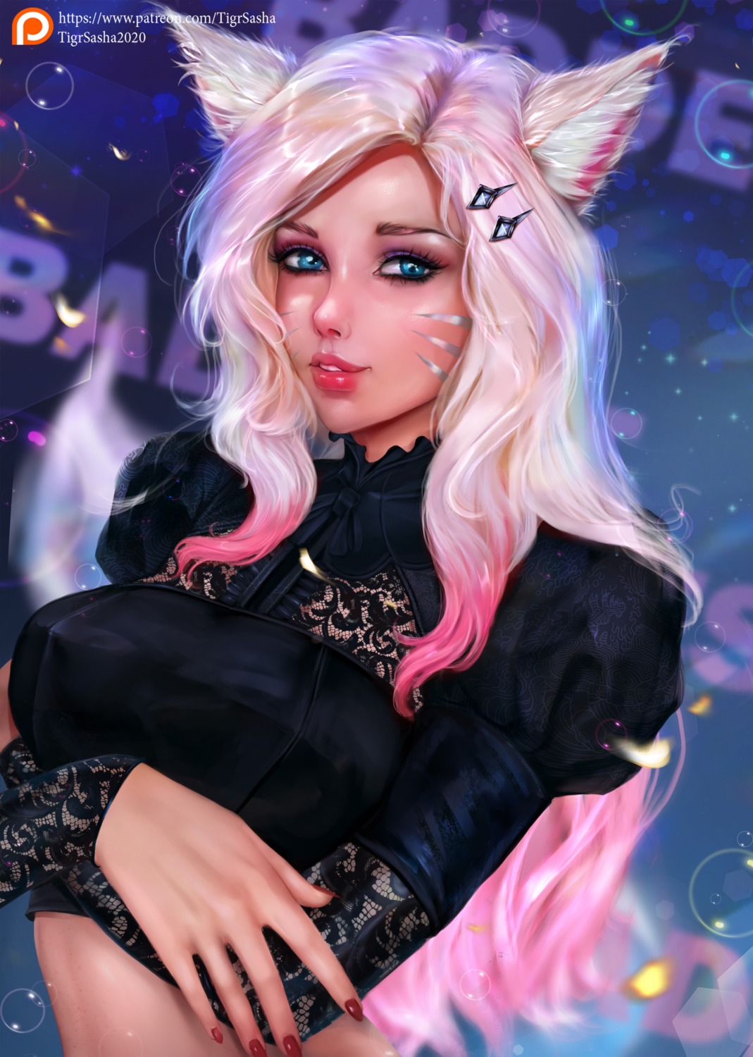 ahri, animal_ears, breast_hold, kitsune, league_of_legends, tail, tigrsasha