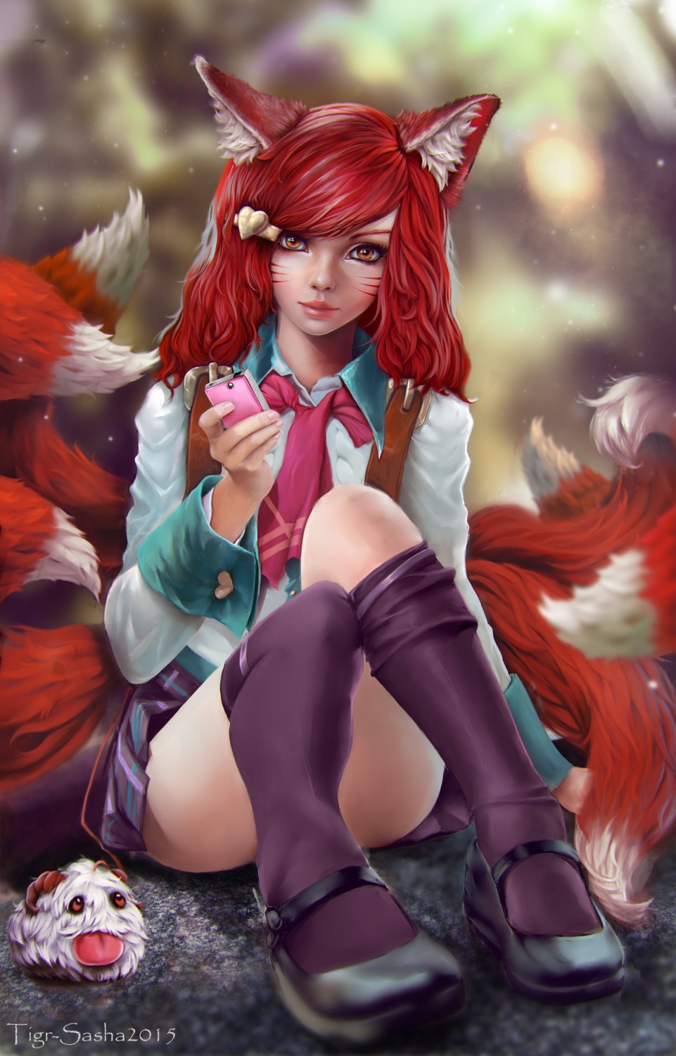 ahri, animal_ears, kitsune, league_of_legends, seifuku, skirt_lift, tail, thighhighs