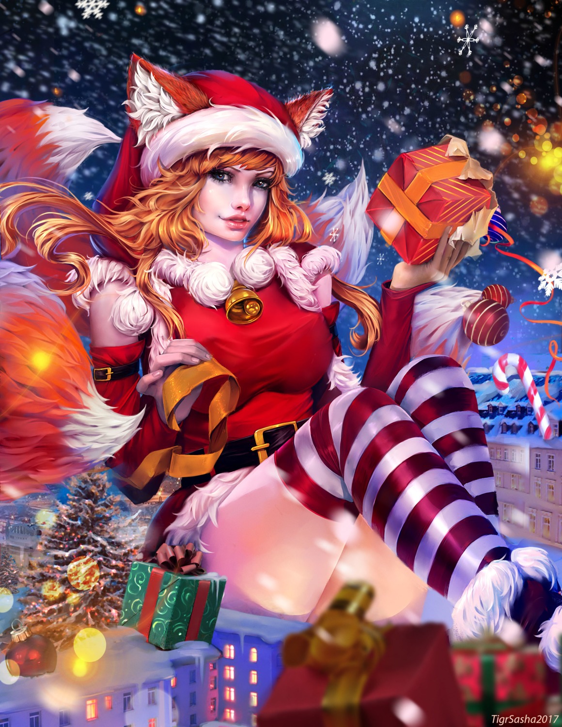 animal_ears, christmas, cysh, dress, kitsune, skirt_lift, tail, thighhighs