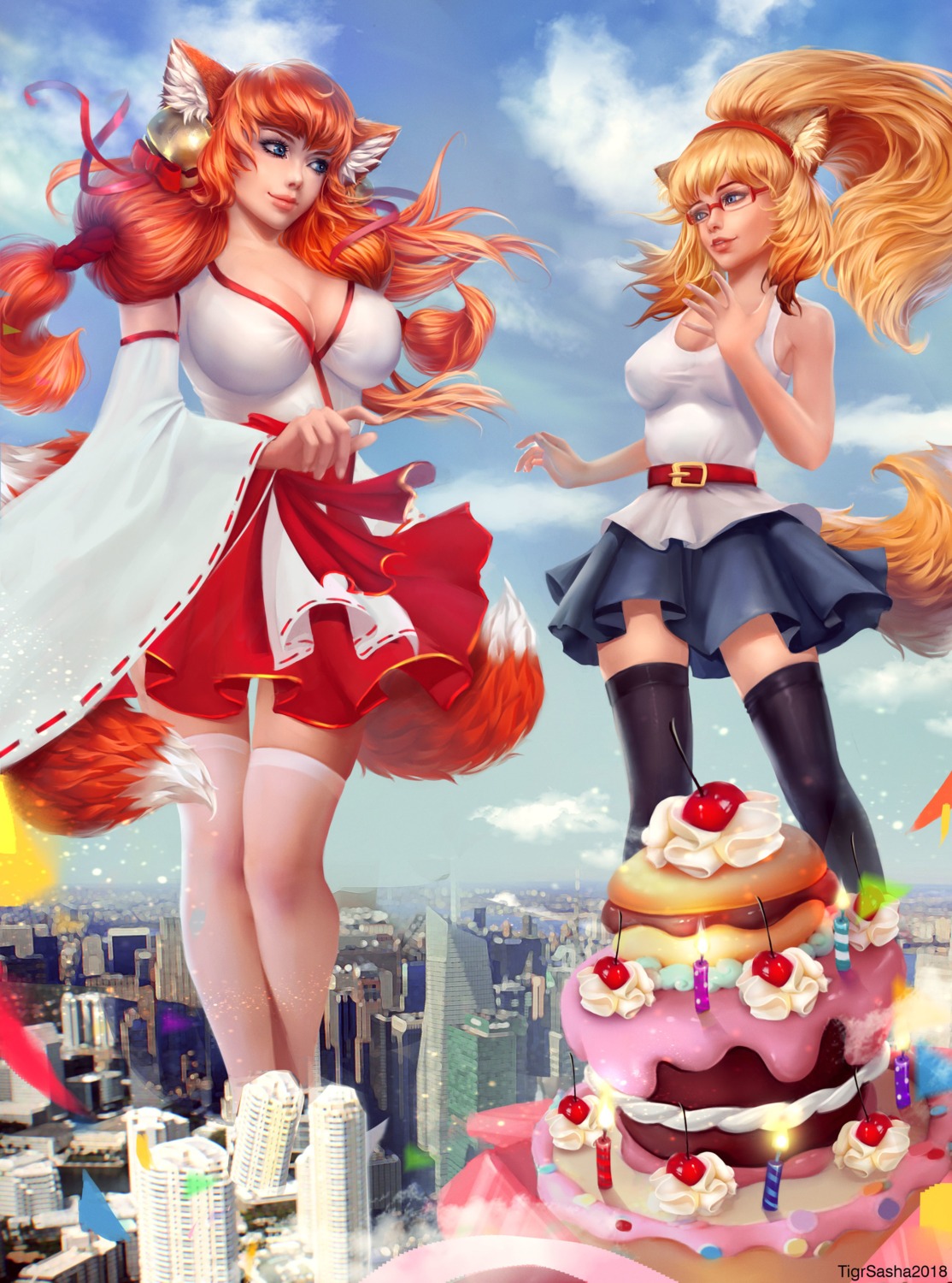 animal_ears, cleavage, cysh, kitsune, megane, miko, no_bra, skirt_lift