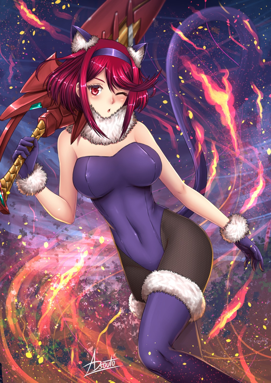 adsouto, animal_ears, erect_nipples, fishnets, homura_(xenoblade_2), leotard, nekomimi, pantyhose