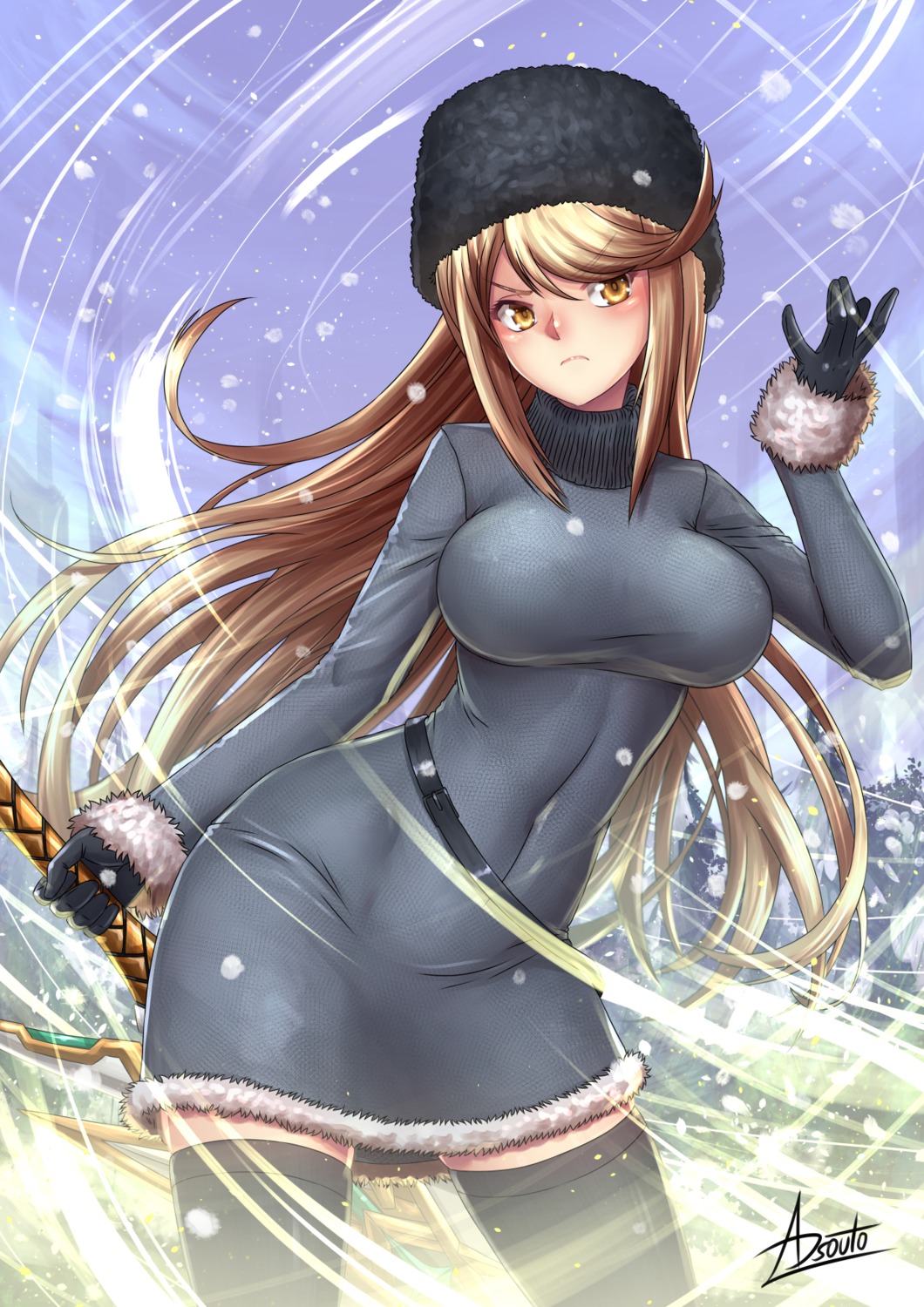adsouto, dress, hikari_(xenoblade_2), sword, thighhighs, xenoblade_(series), xenoblade_2