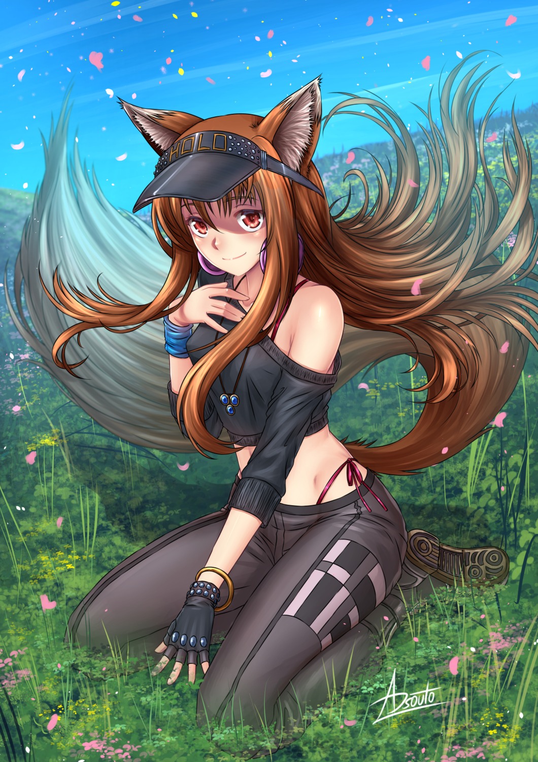 adsouto, animal_ears, bra, holo, pantsu, spice_and_wolf, string_panties, tail
