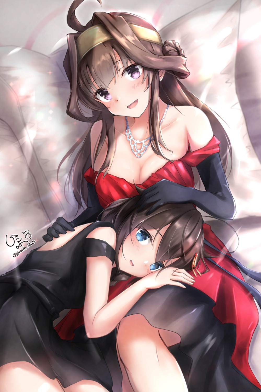 dress, giraffe_(ilconte), kantai_collection, kongou_(kancolle), no_bra, shigure_(kancolle)