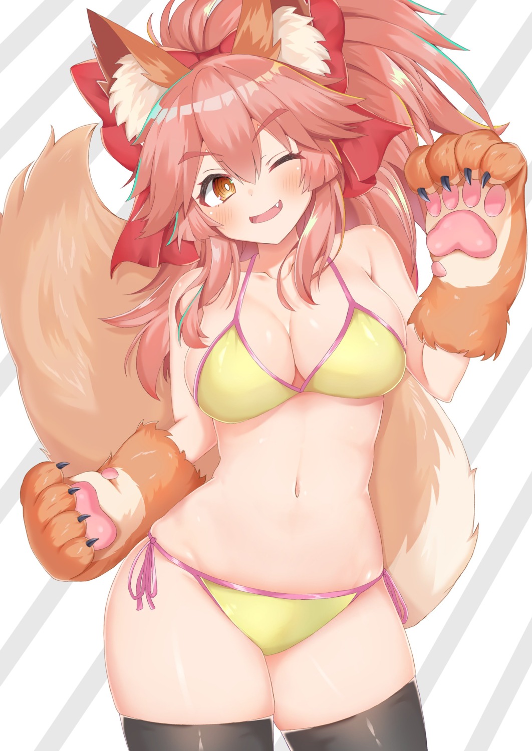 animal_ears, bikini, fate/grand_order, kitsune, rokita, swimsuits, tail, tamamo_cat, thighhighs