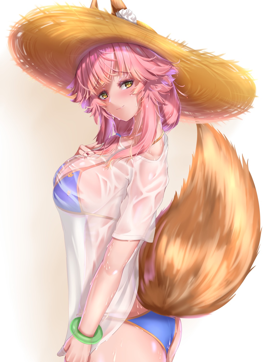 animal_ears, ass, bikini, fate/grand_order, kamehito, kitsune, see_through, swimsuits