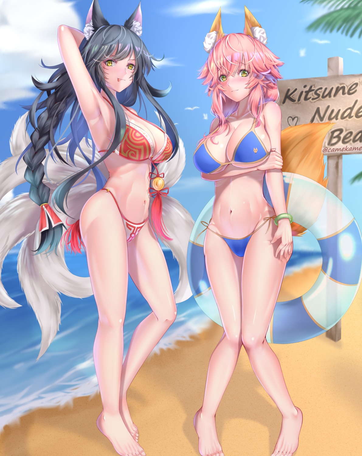 ahri, animal_ears, bikini, crossover, fate/grand_order, kamehito, kitsune, league_of_legends, swimsuits, tail, tamamo_no_mae