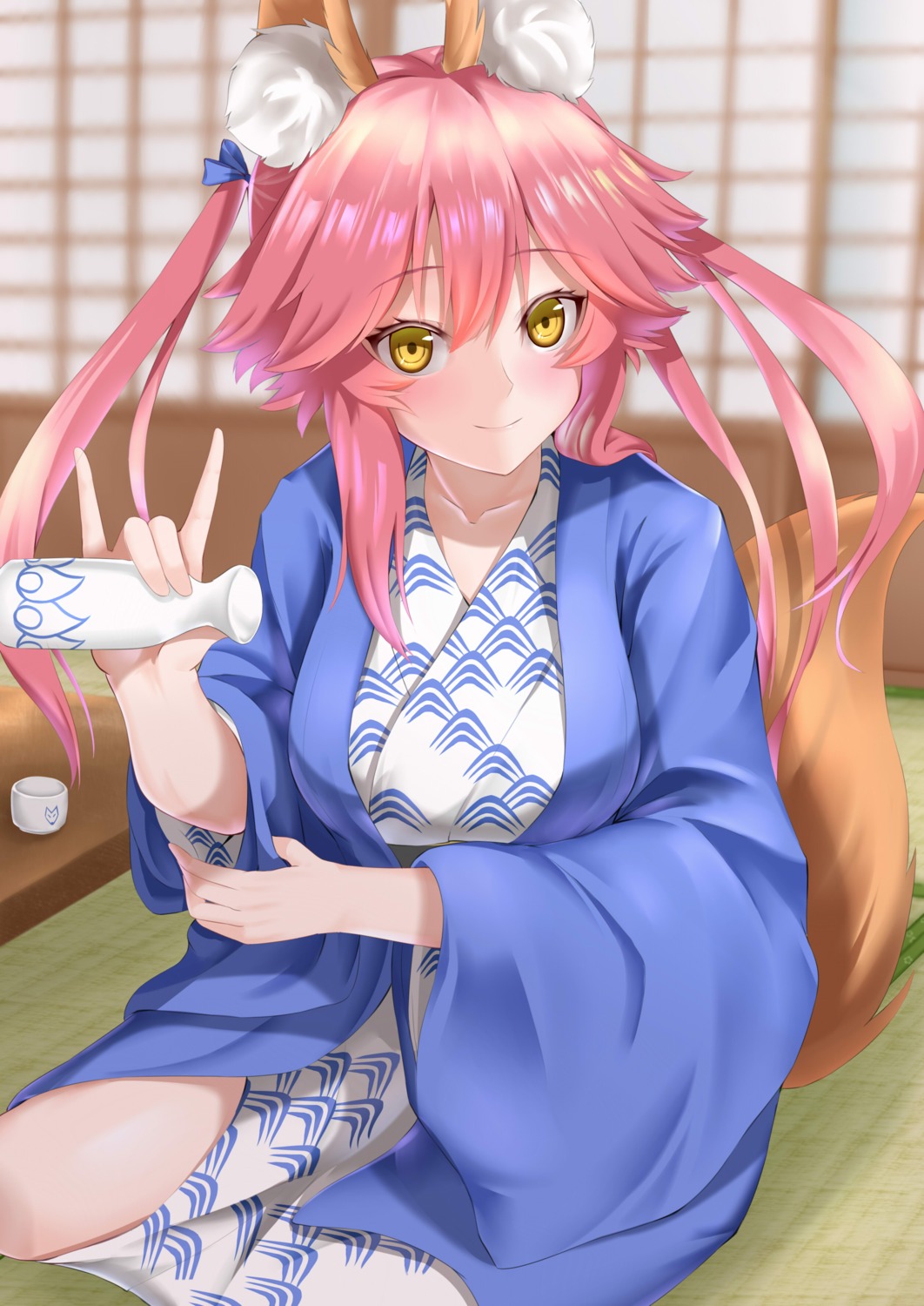 animal_ears, fate/grand_order, kamehito, kitsune, sake, tail, tamamo_no_mae, yukata