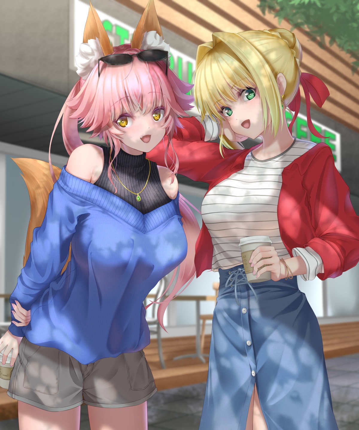 animal_ears, fate/grand_order, kamehito, kitsune, megane, nero_claudius_(fate), sweater, tail