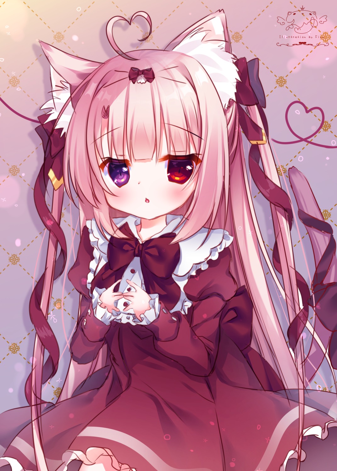 animal_ears, dress, fuxiyu, gothic_lolita, heterochromia, lolita_fashion, nekomimi, skirt_lift