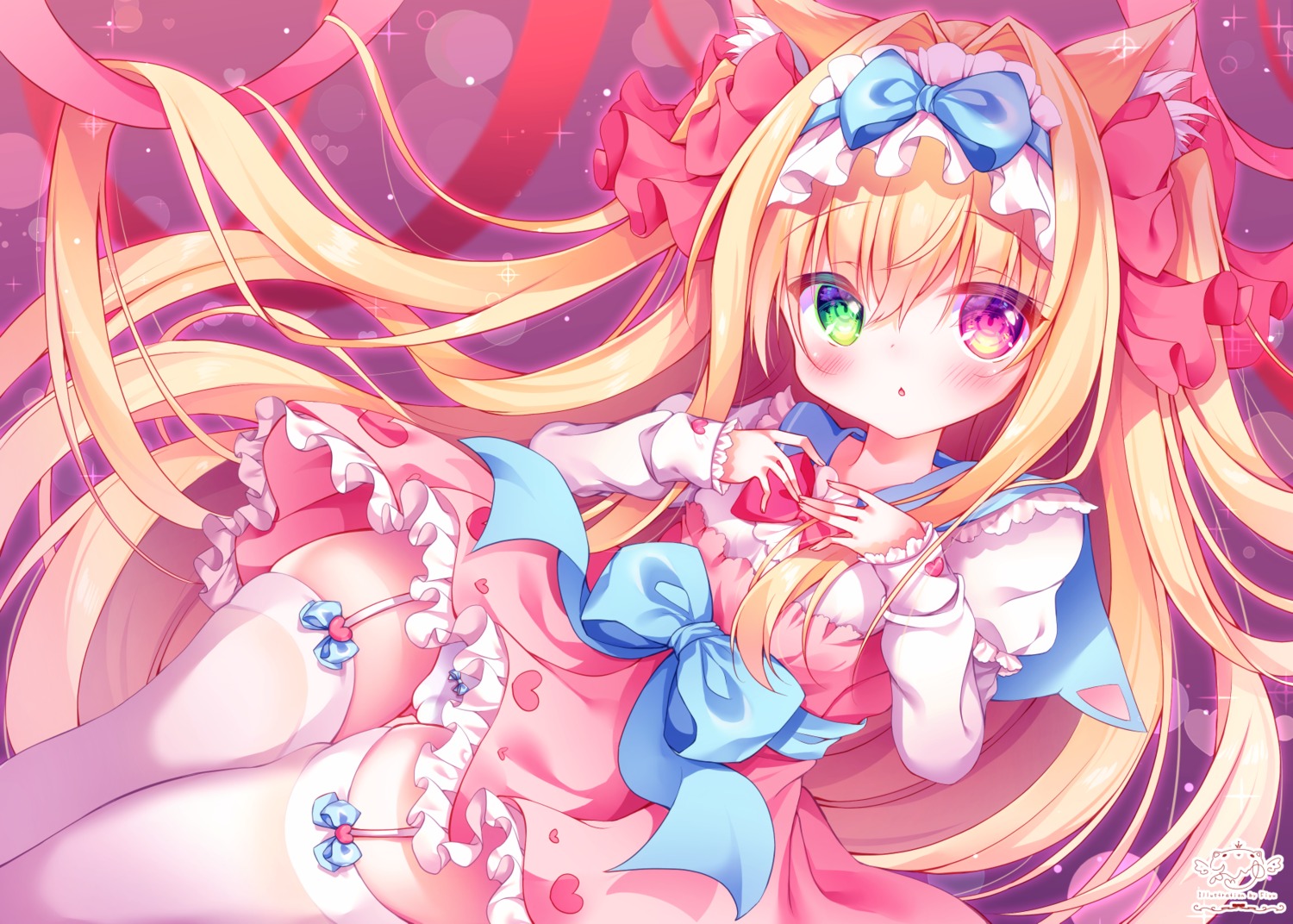 animal_ears, dress, fuxiyu, heterochromia, nekomimi, skirt_lift, stockings, thighhighs