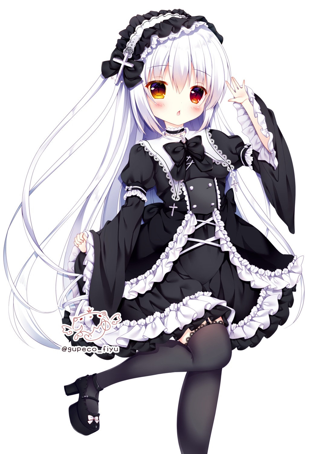 dress, fuxiyu, gothic_lolita, heels, heterochromia, lolita_fashion, skirt_lift, stockings