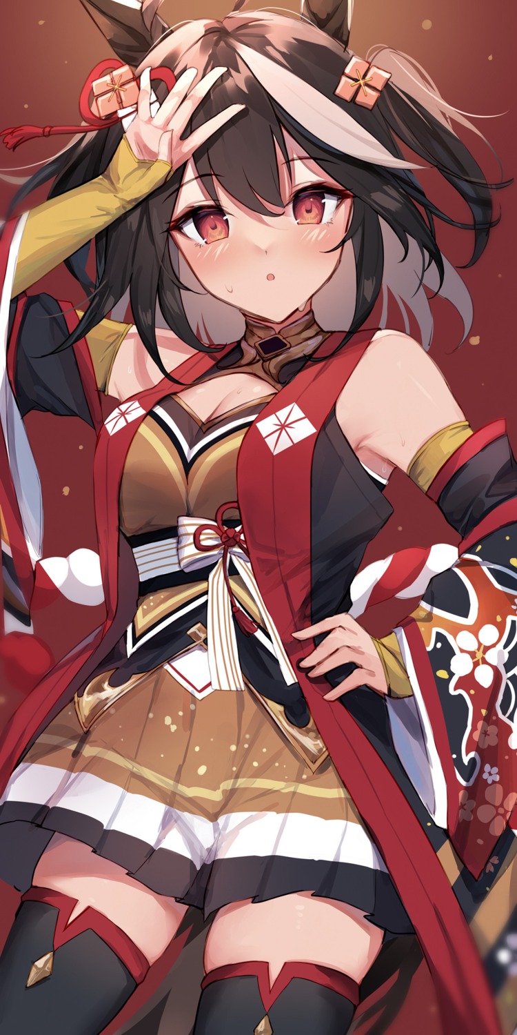 animal_ears, cleavage, japanese_clothes, kagurazaka_miyabi, kitasan_black_(umamusume), thighhighs, uma_musume_pretty_derby
