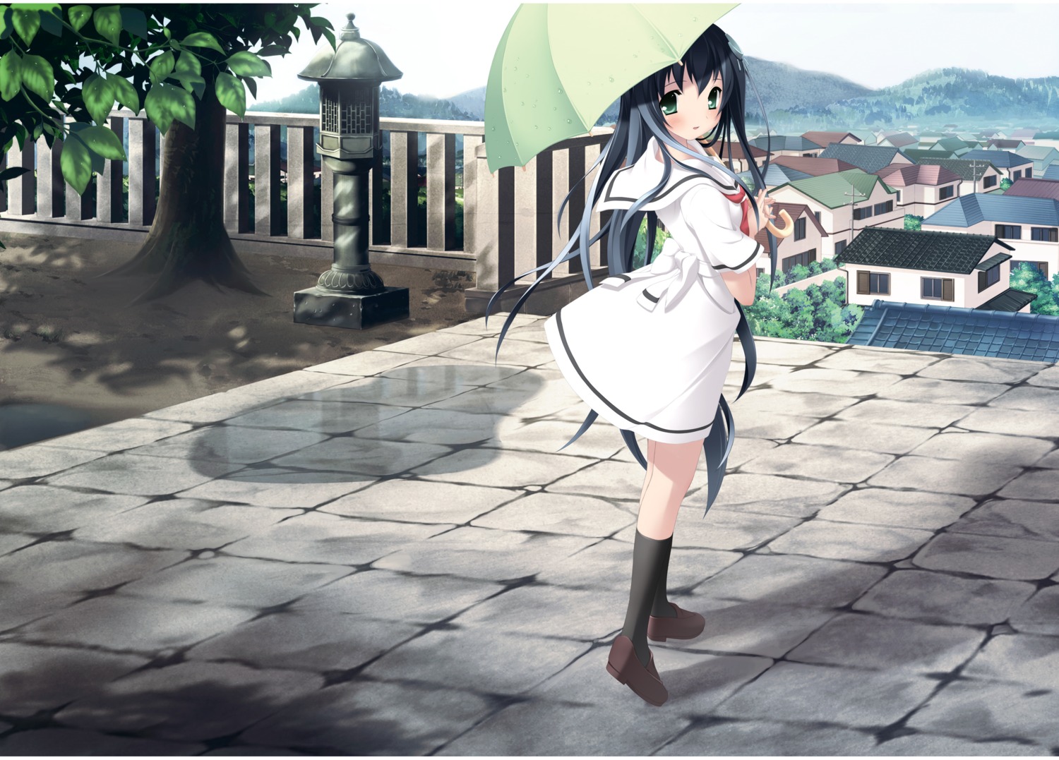 amesarasa, chiyokawa_rin, cuffs, digital_version, kantoku, seifuku, skirt_lift, umbrella