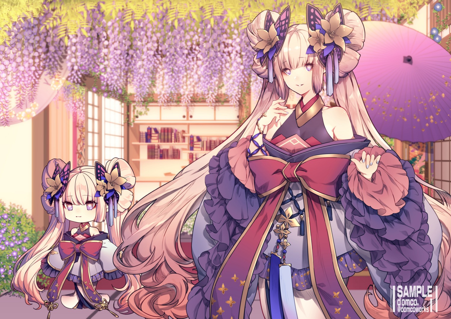 chibi, domco., japanese_clothes, umbrella