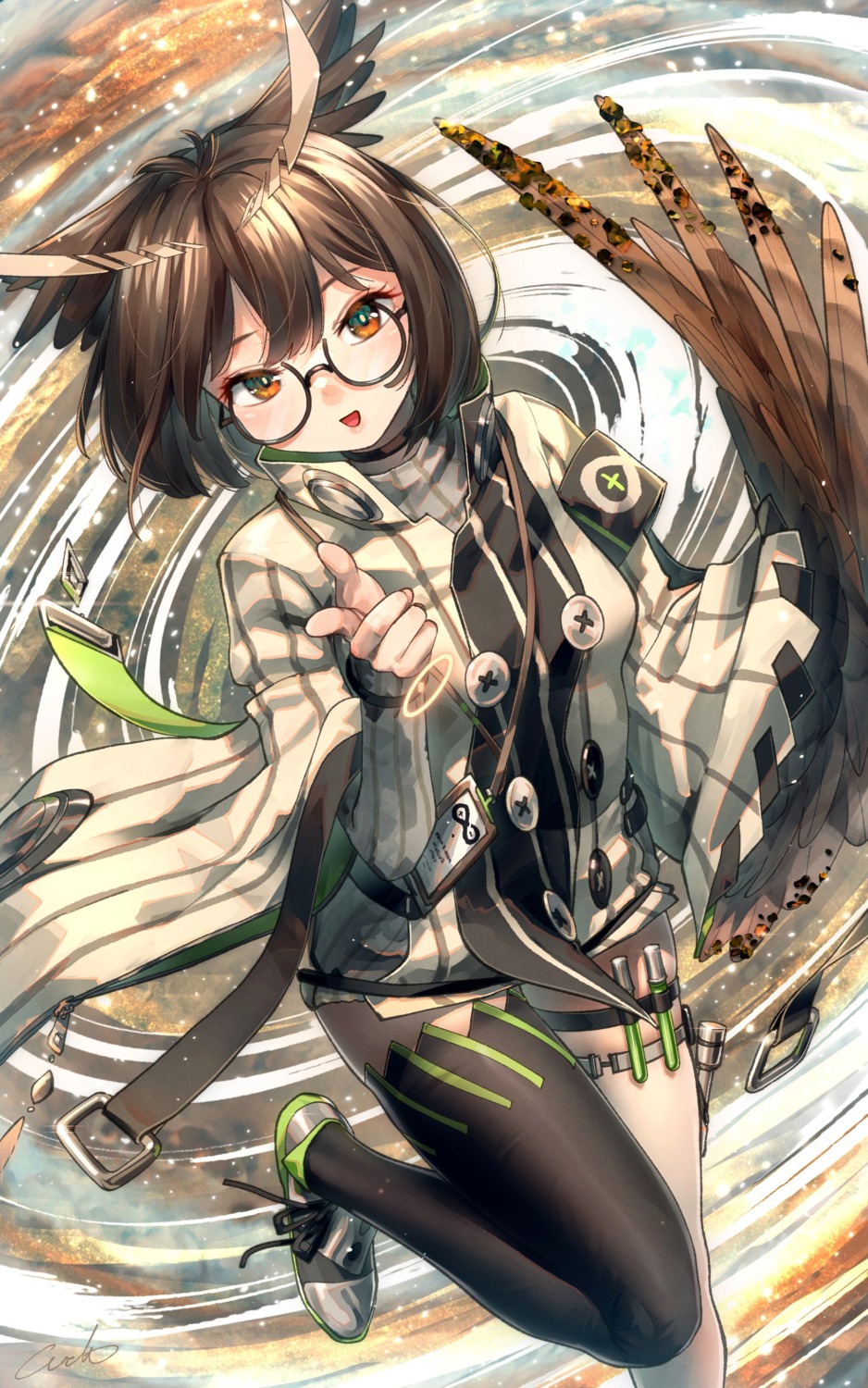 arknights, garter, megane, silent_(arknights), thighhighs, welt_(kinsei_koutenkyoku), wings