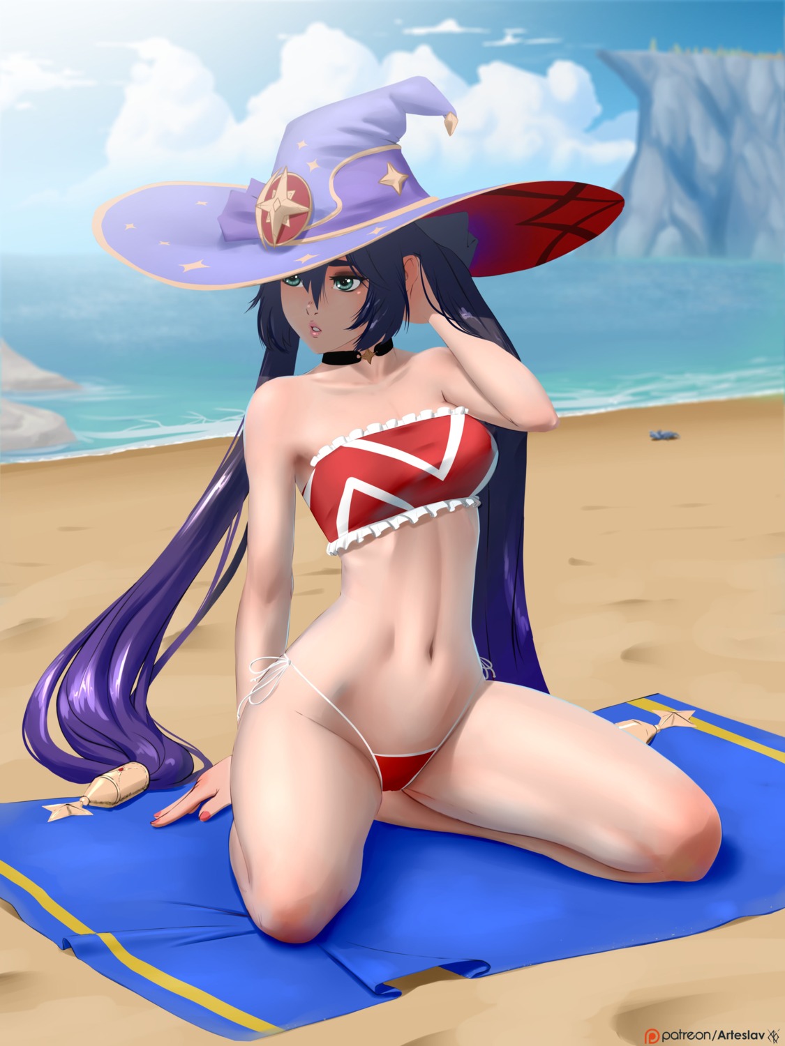 arteslav, bikini, genshin_impact, mona_megistus, swimsuits, witch