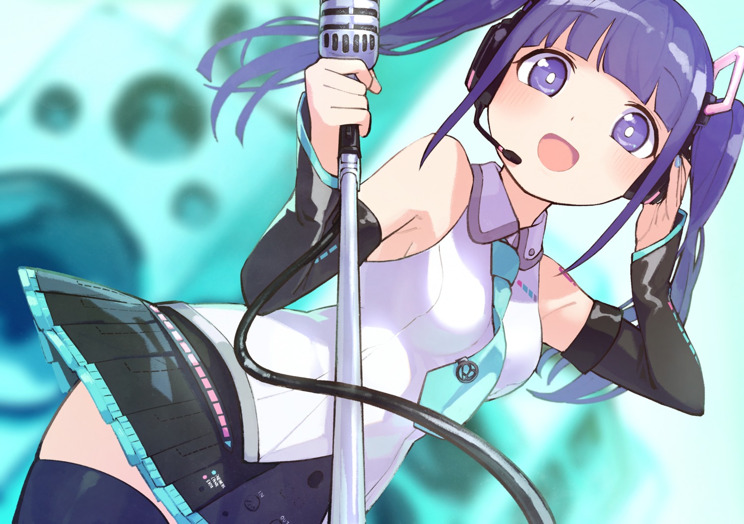 cosplay, goe_(g-o-e), hatsune_miku, headphones, shoujo_kageki_revue_starlight, skirt_lift, tattoo, thighhighs, tsuyuzaki_mahiru, vocaloid