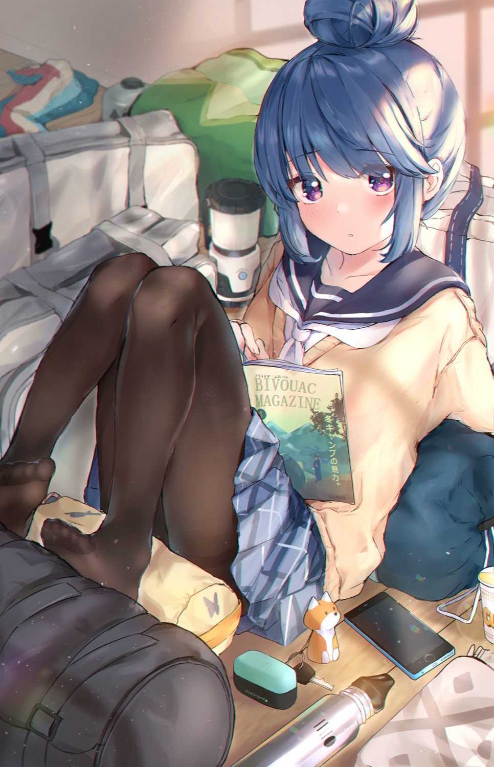 feet, pantyhose, ringosutta, seifuku, shima_rin, skirt_lift, sweater, yurucamp