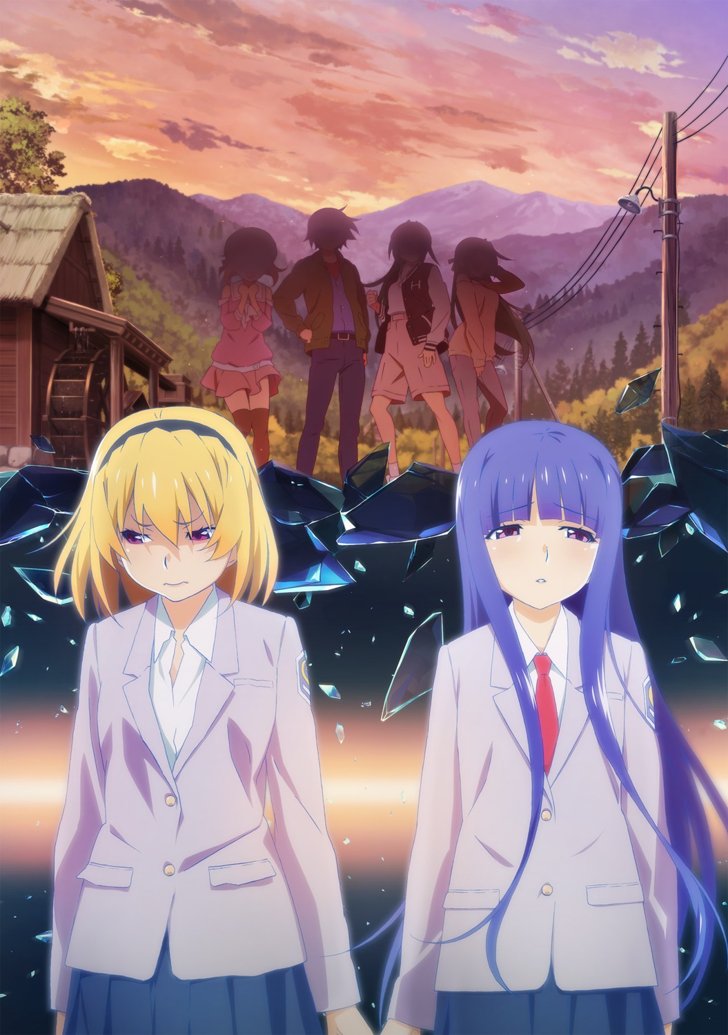 furude_rika, higurashi_no_naku_koro_ni, higurashi_no_naku_koro_ni_sotsu, houjou_satoko, maebara_keiichi, ryuuguu_rena, seifuku, silhouette