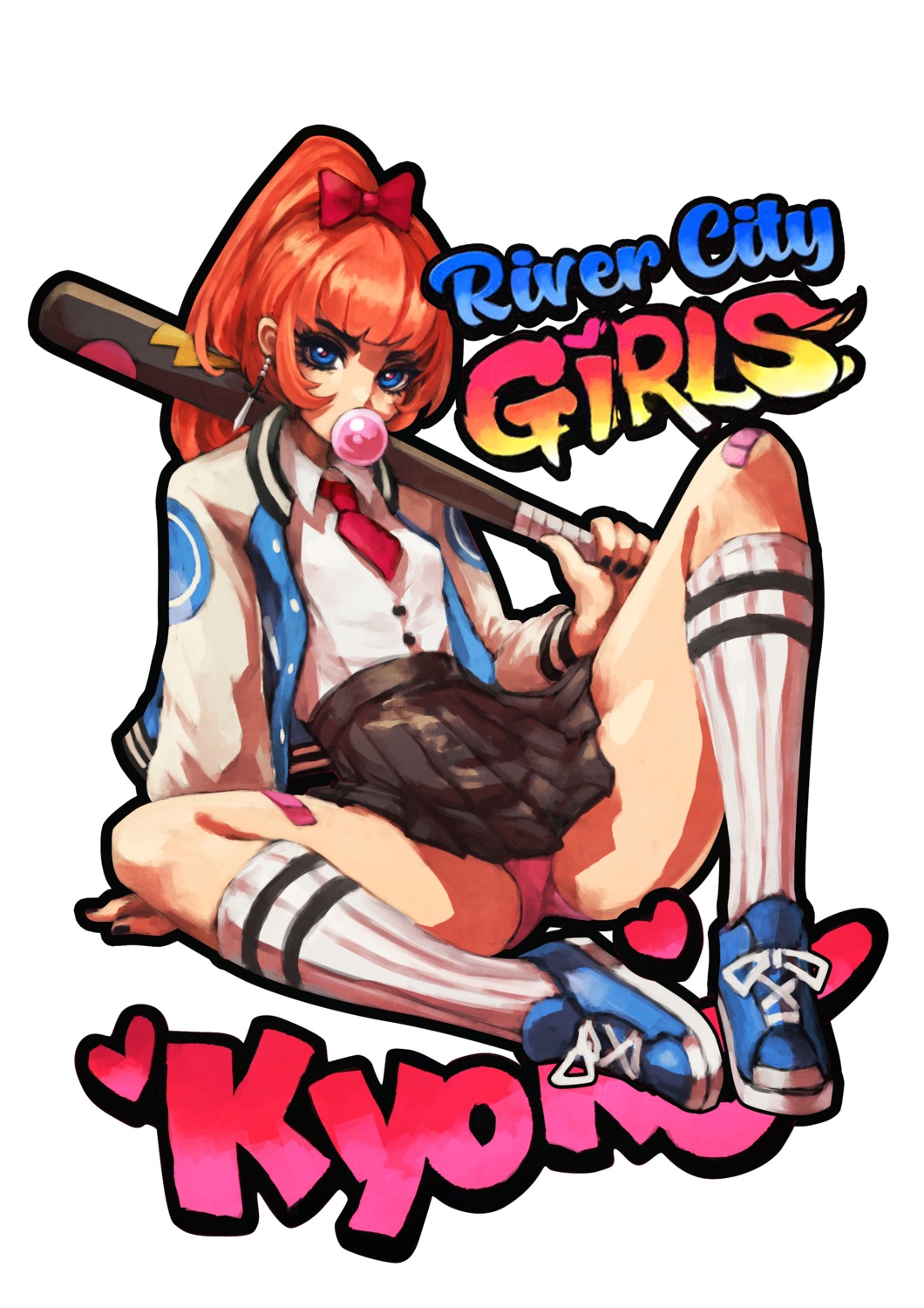 bandages, bandaid, kyoko_(kunio-kun), monori_rogue, pantsu, river_city_girls, seifuku, skirt_lift