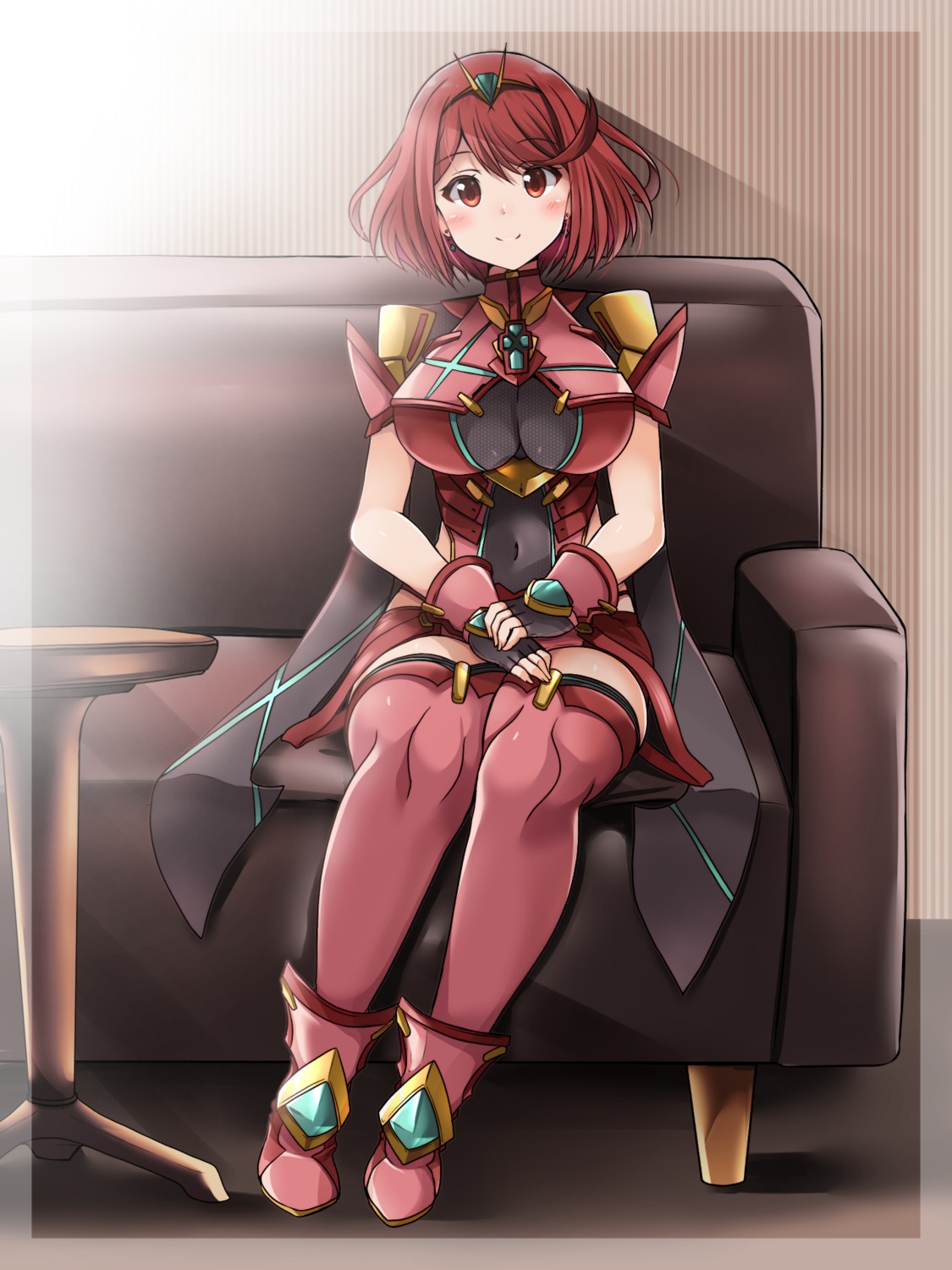 armor, bodysuit, homura_(xenoblade_2), kurokaze_no_sora, thighhighs, xenoblade_(series), xenoblade_2