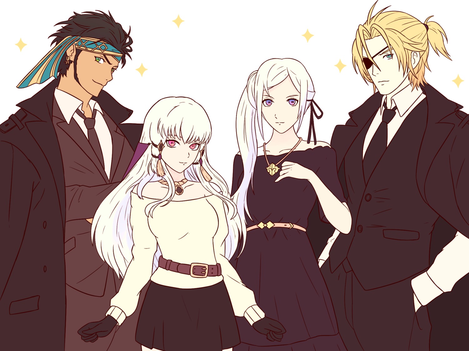 business_suit, claude_(fire_emblem), dimitri_alexandre_blaiddyd, dress, edelgard_von_hresvelg, eyepatch, fire_emblem, fire_emblem_heroes