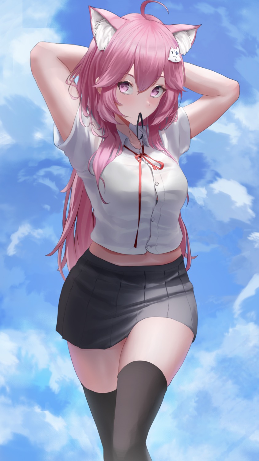 animal_ears, nekomimi, nyatasha_nyanners, seifuku, skirt_lift, thighhighs, vshojo, wanne