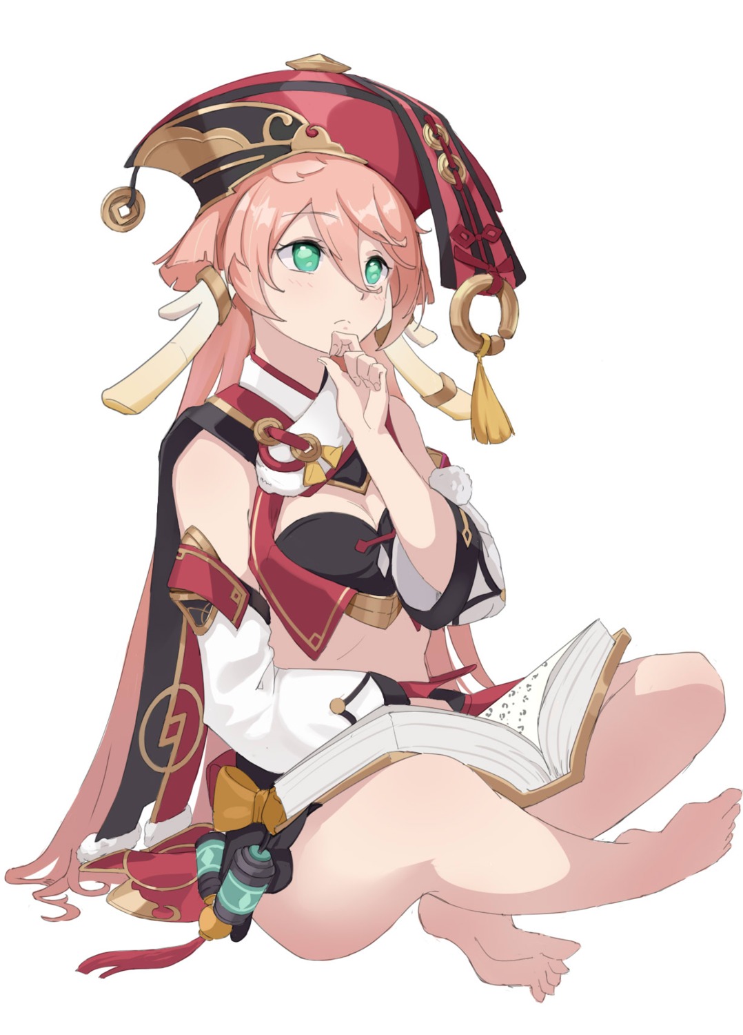 amco, asian_clothes, cleavage, genshin_impact, horns, sketch, yanfei