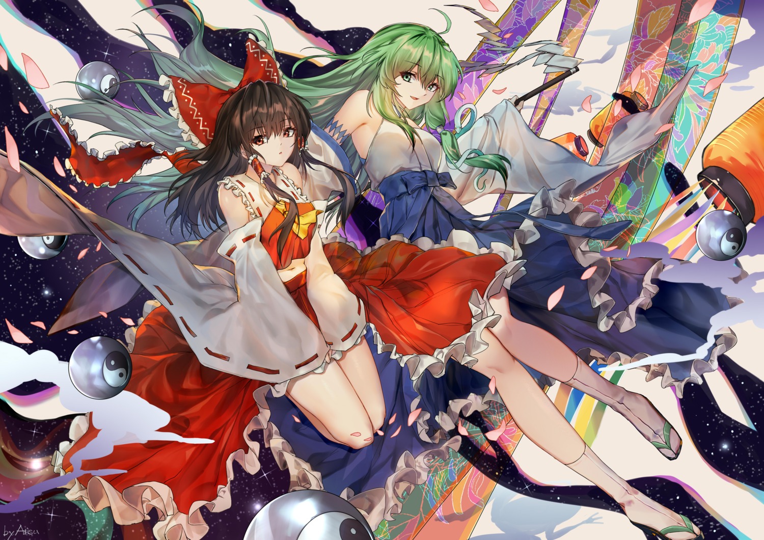 arisu_(wangyunqiu), hakurei_reimu, kochiya_sanae, miko, skirt_lift, touhou