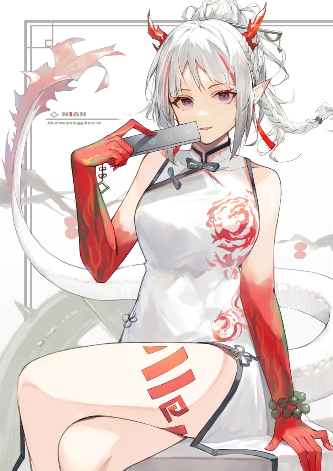 arknights, chinadress, horns, nian_(arknights), pointy_ears, skirt_lift, taht_(that_is_mm), tail