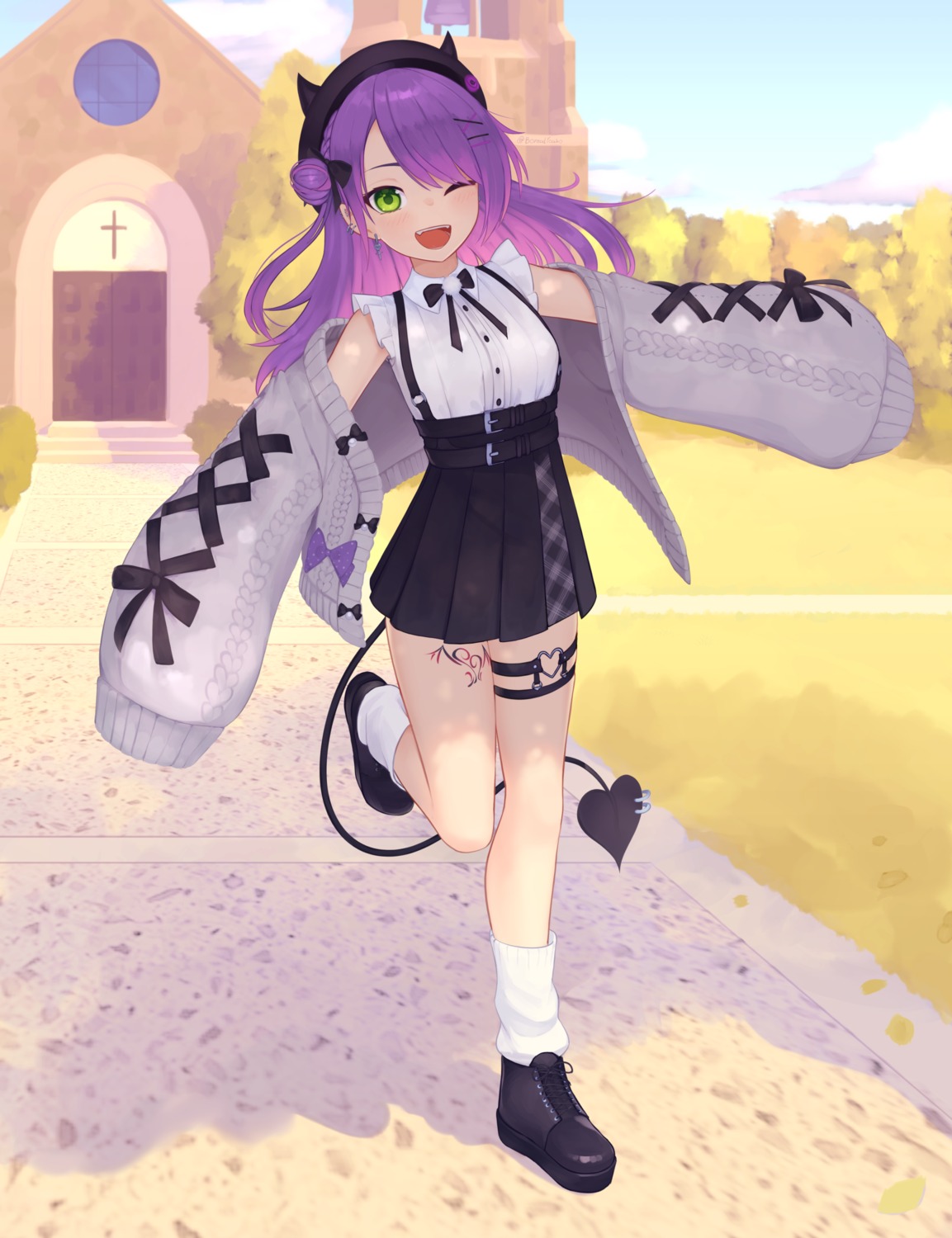 garter, hololive, pointy_ears, sweater, tail, tattoo, tokoyami_towa, yoako