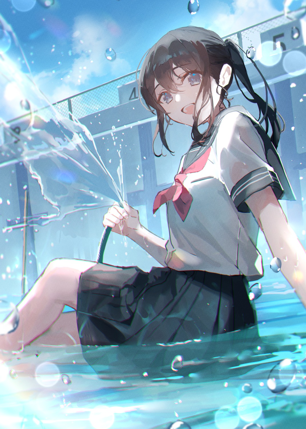 oyuyu, see_through, seifuku, skirt_lift, wet, wet_clothes
