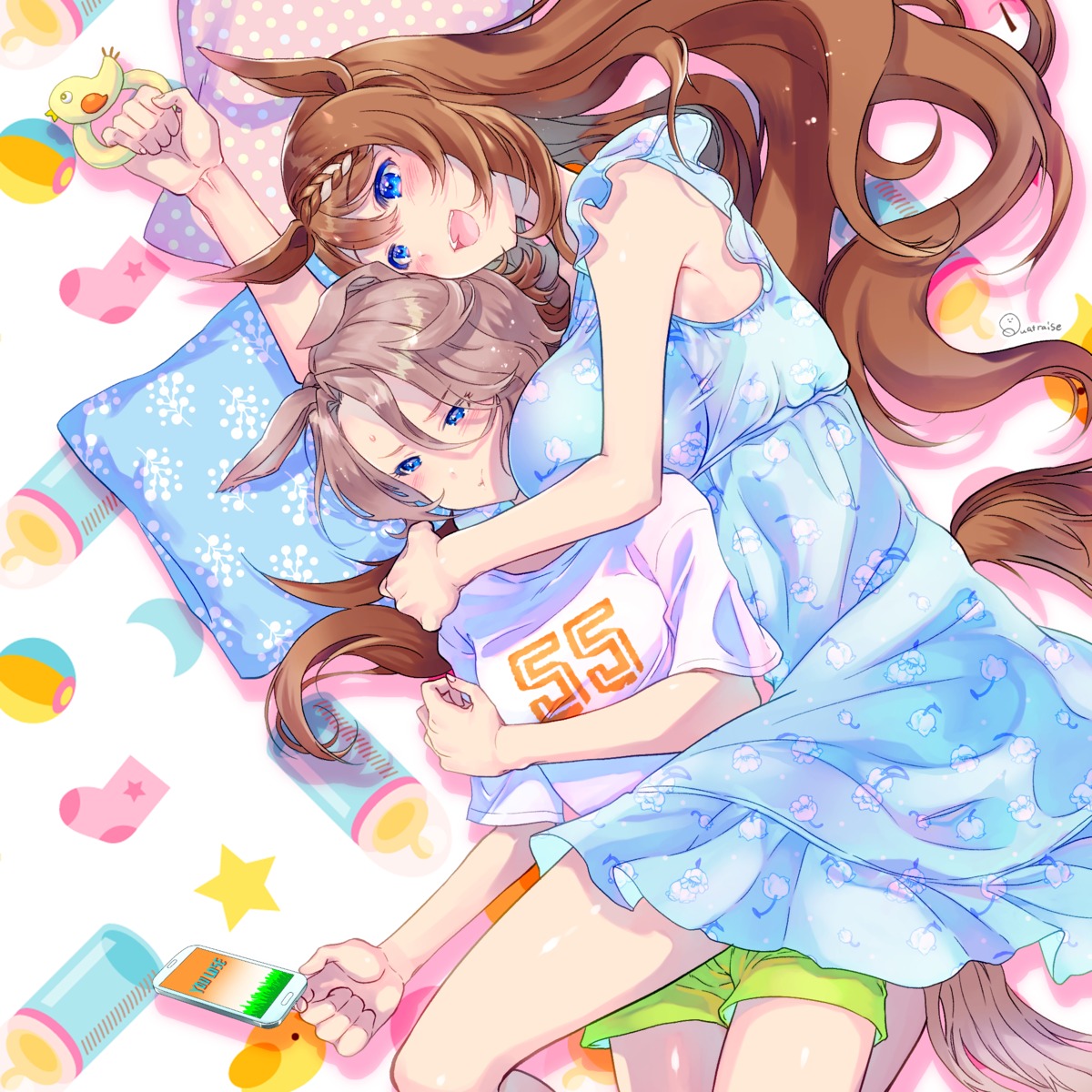 animal_ears, dress, narita_taishin_(umamusume), quatraise, summer_dress, super_creek_(umamusume), tail, uma_musume_pretty_derby, yuri
