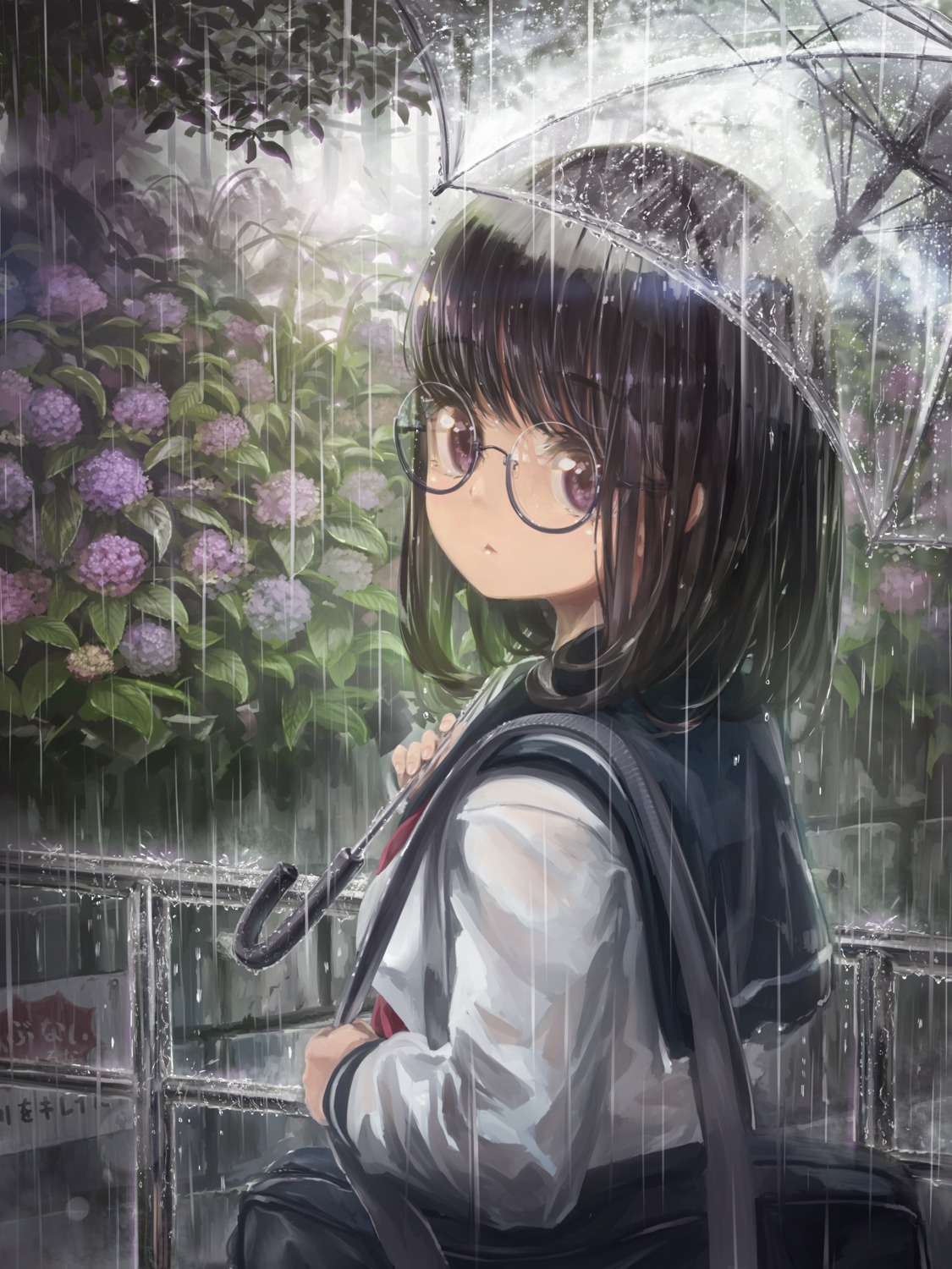 megane, see_through, seifuku, tamanegi_(12030028), umbrella, wet_clothes
