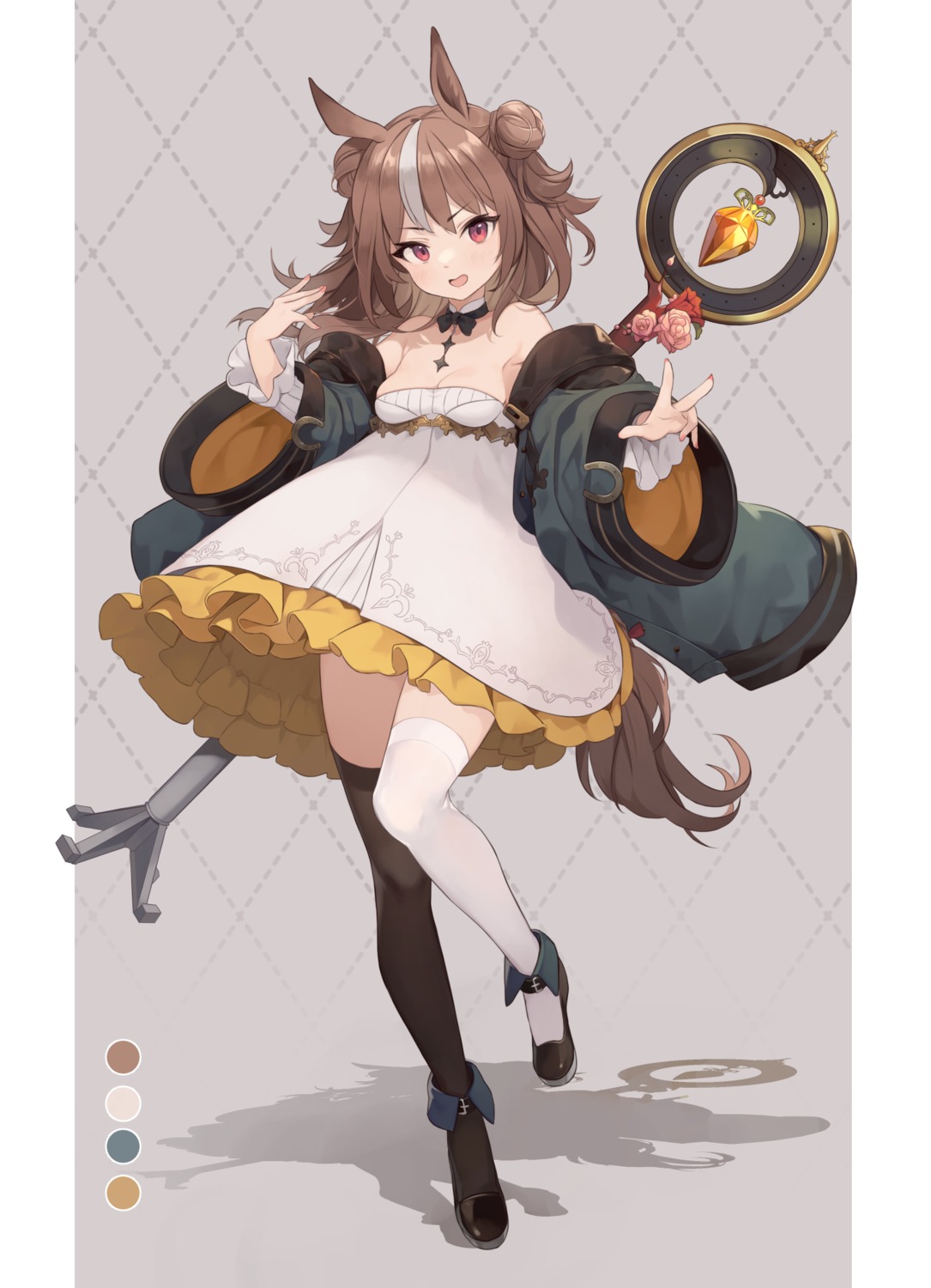 animal_ears, dress, kurige_horse, no_bra, skirt_lift, thighhighs, uma_musume_pretty_derby, weapon