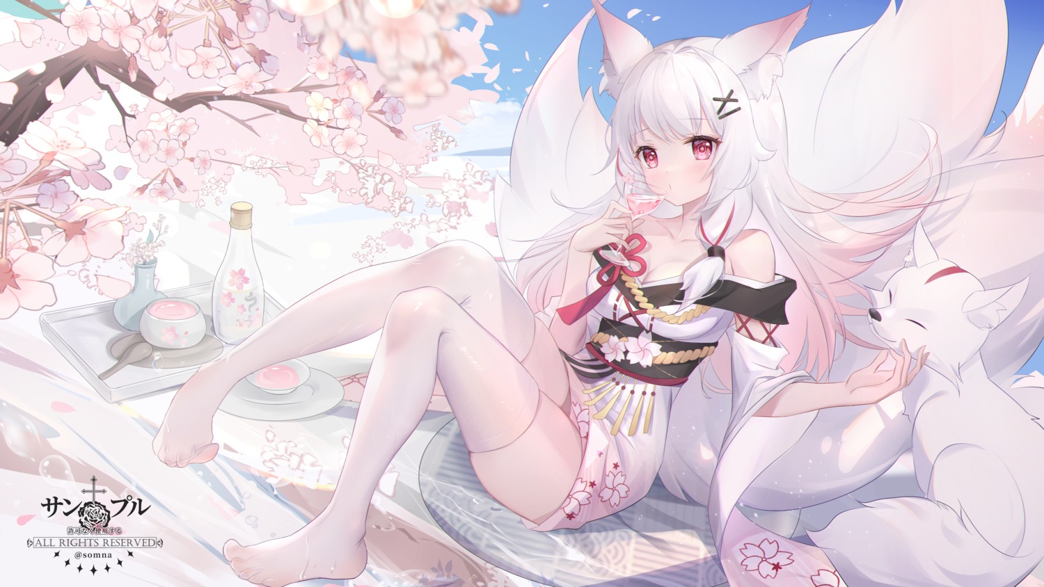 animal_ears, cleavage, feet, japanese_clothes, kitsune, sample, skirt_lift, somna, tail, thighhighs