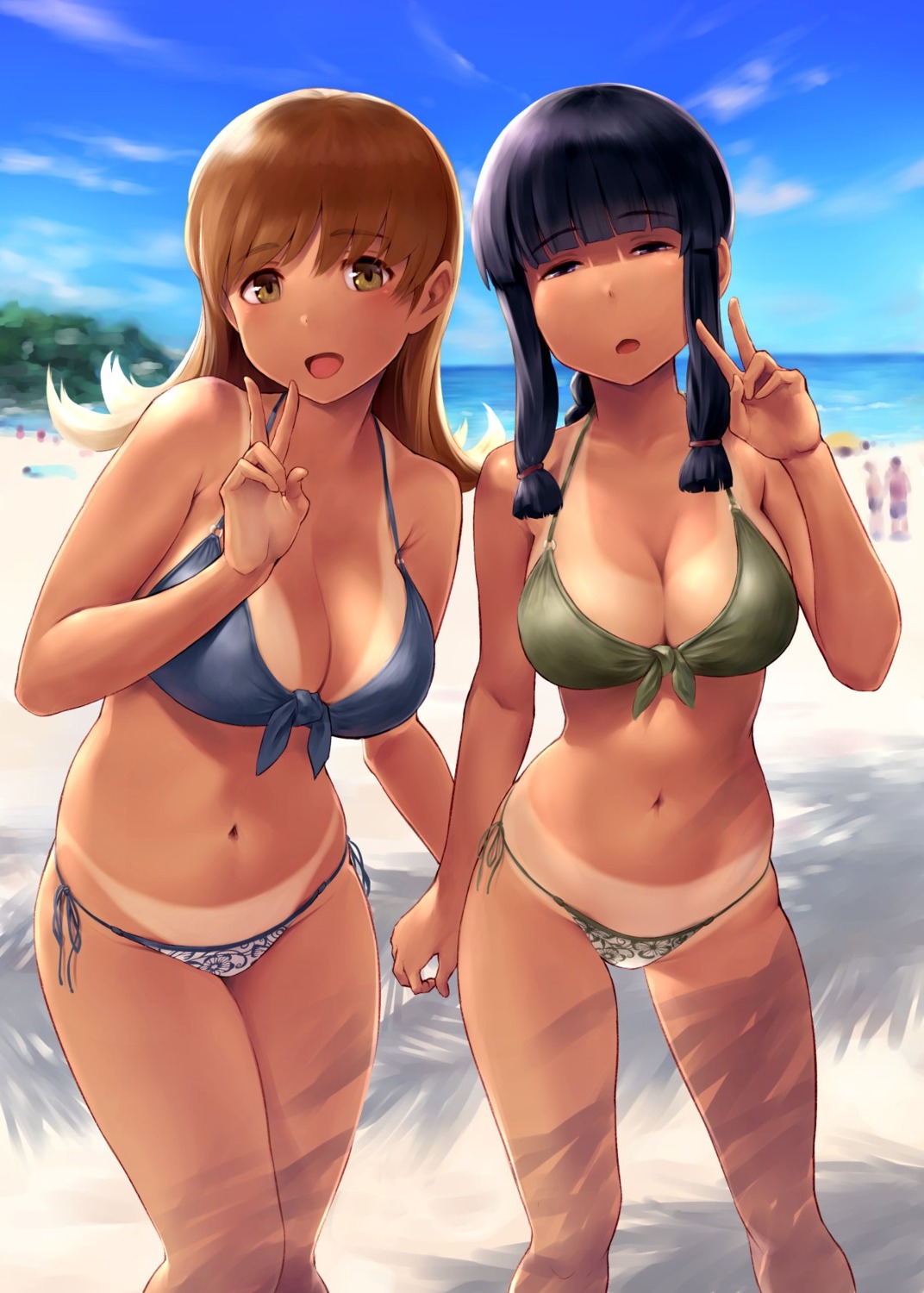 bikini, kantai_collection, kitakami_(kancolle), ooi_(kancolle), swimsuits, tan_lines, wa_(genryusui)