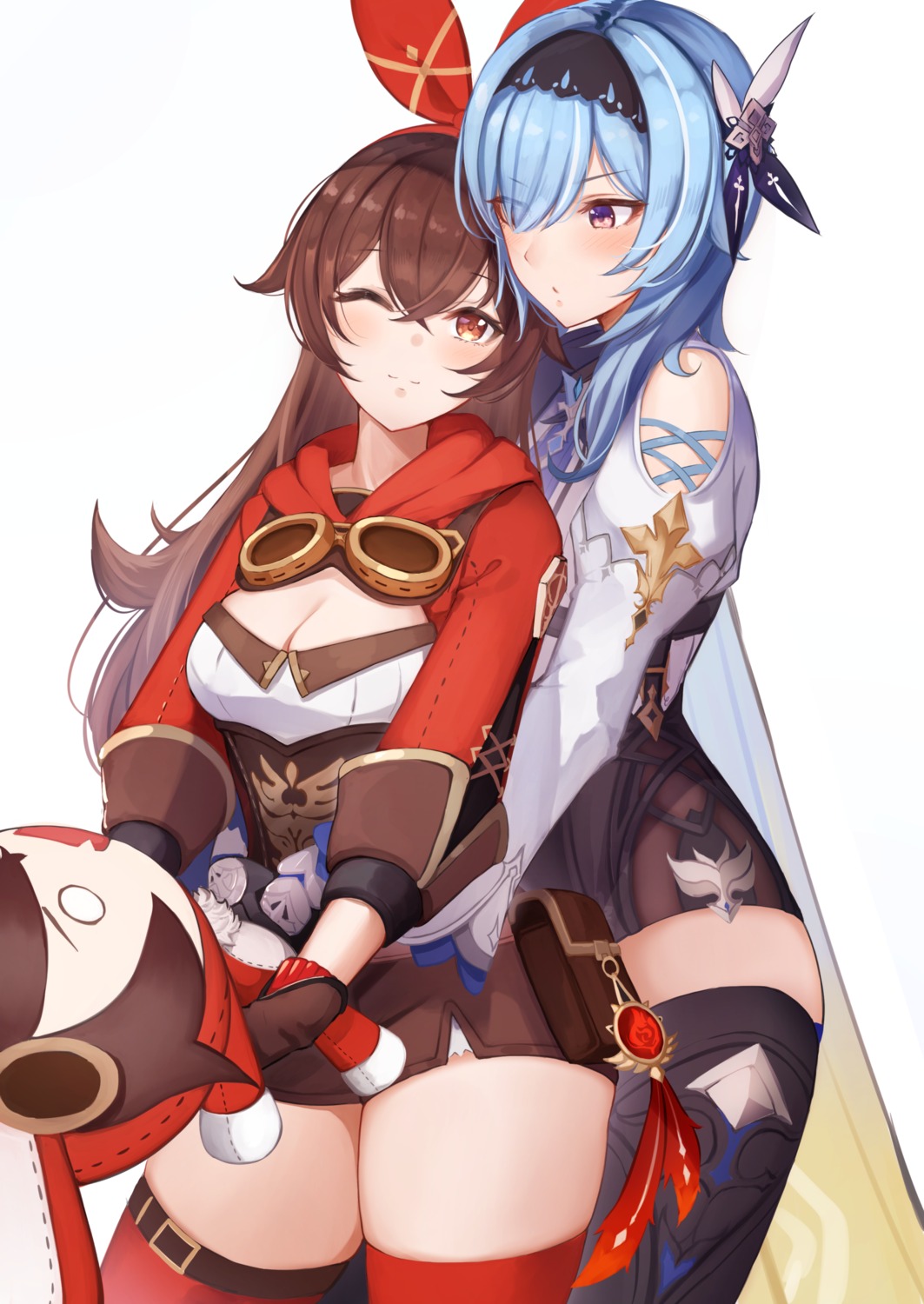 amber_(genshin_impact), chibi, cleavage, eula, garter, genshin_impact, pnatsu, thighhighs, yuri