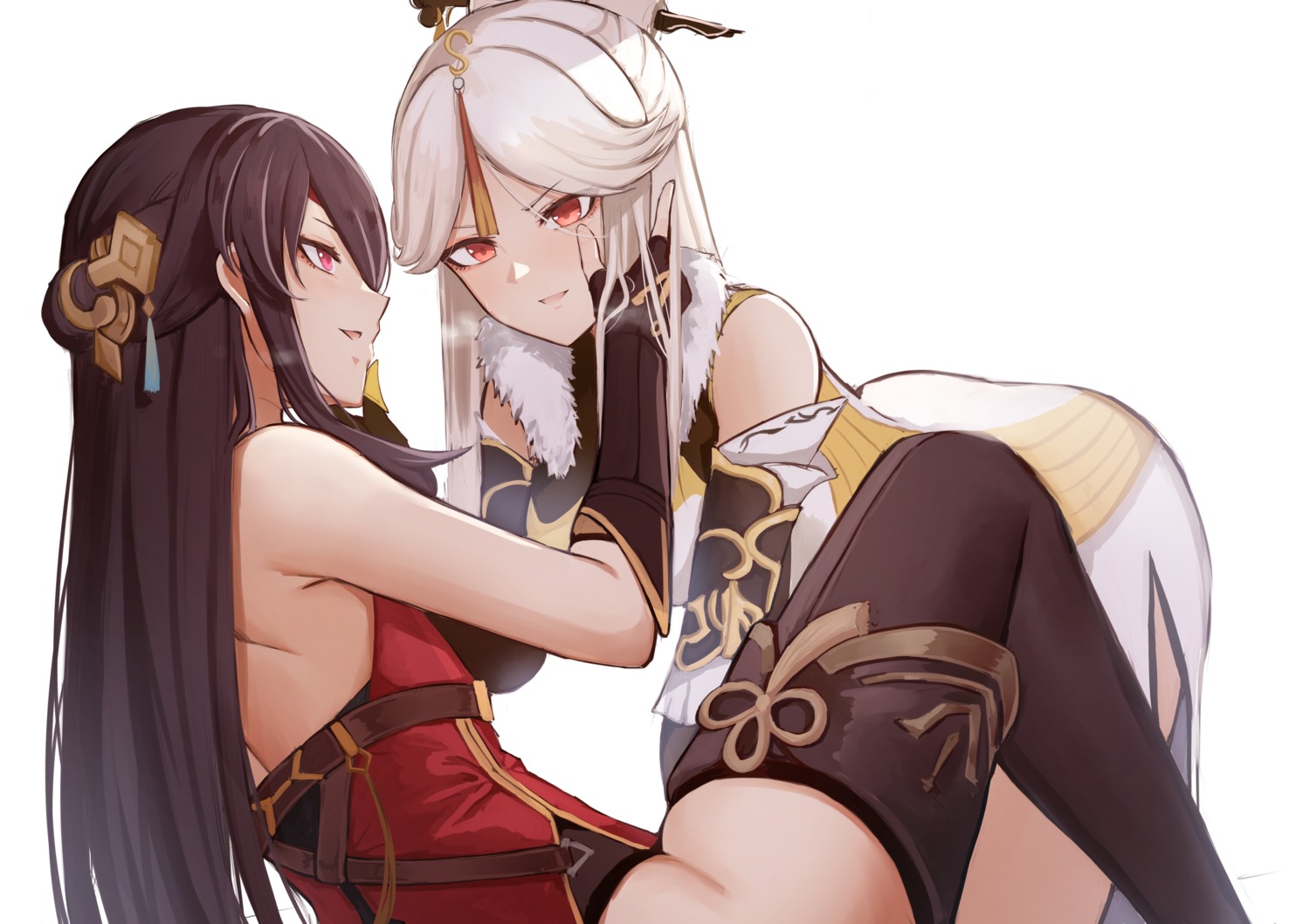beidou, chinadress, genshin_impact, ningguang, no_bra, pnatsu, thighhighs, yuri
