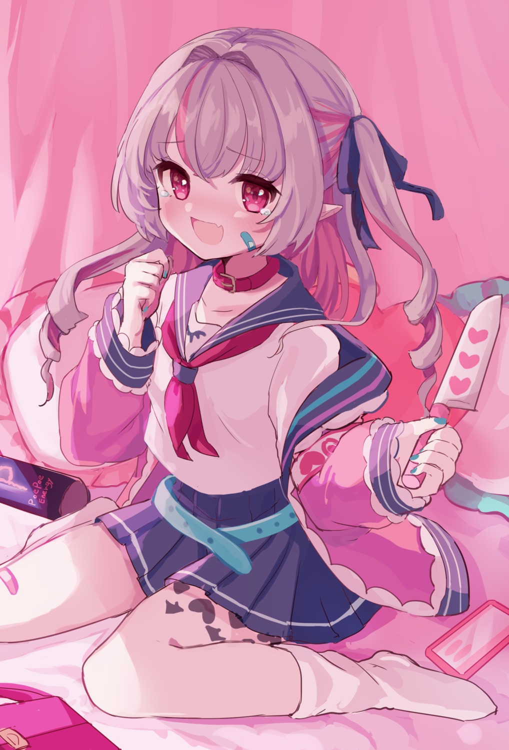 bandaid, karunabaru, makaino_ririmu, nijisanji, nijisanji_gamers, pointy_ears, seifuku, tattoo