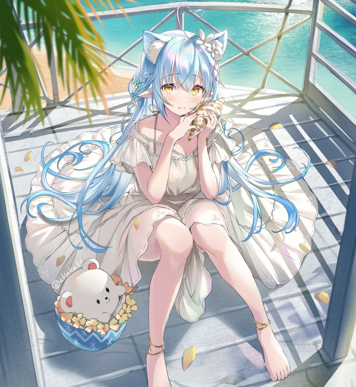 akamoku, animal_ears, daifuku_(yukihana_lamy), dress, elf, hololive, nekomimi, pointy_ears, see_through, skirt_lift, summer_dress, yukihana_lamy
