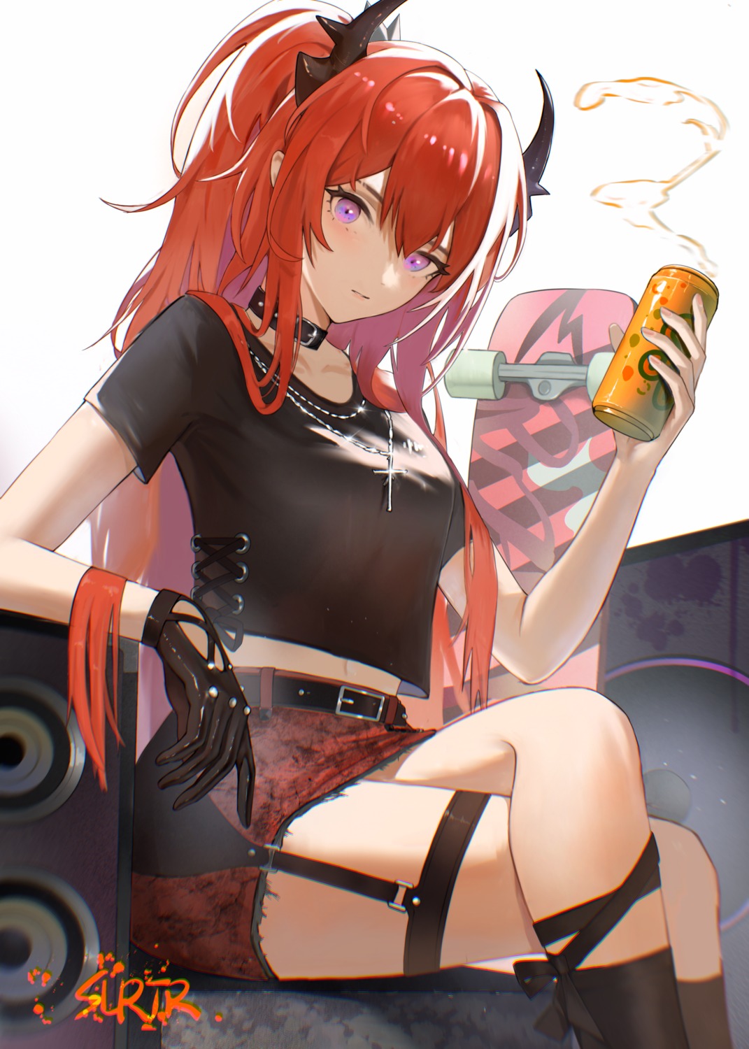 arknights, garter, horns, skirt_lift, surtr_(arknights), ufoliving