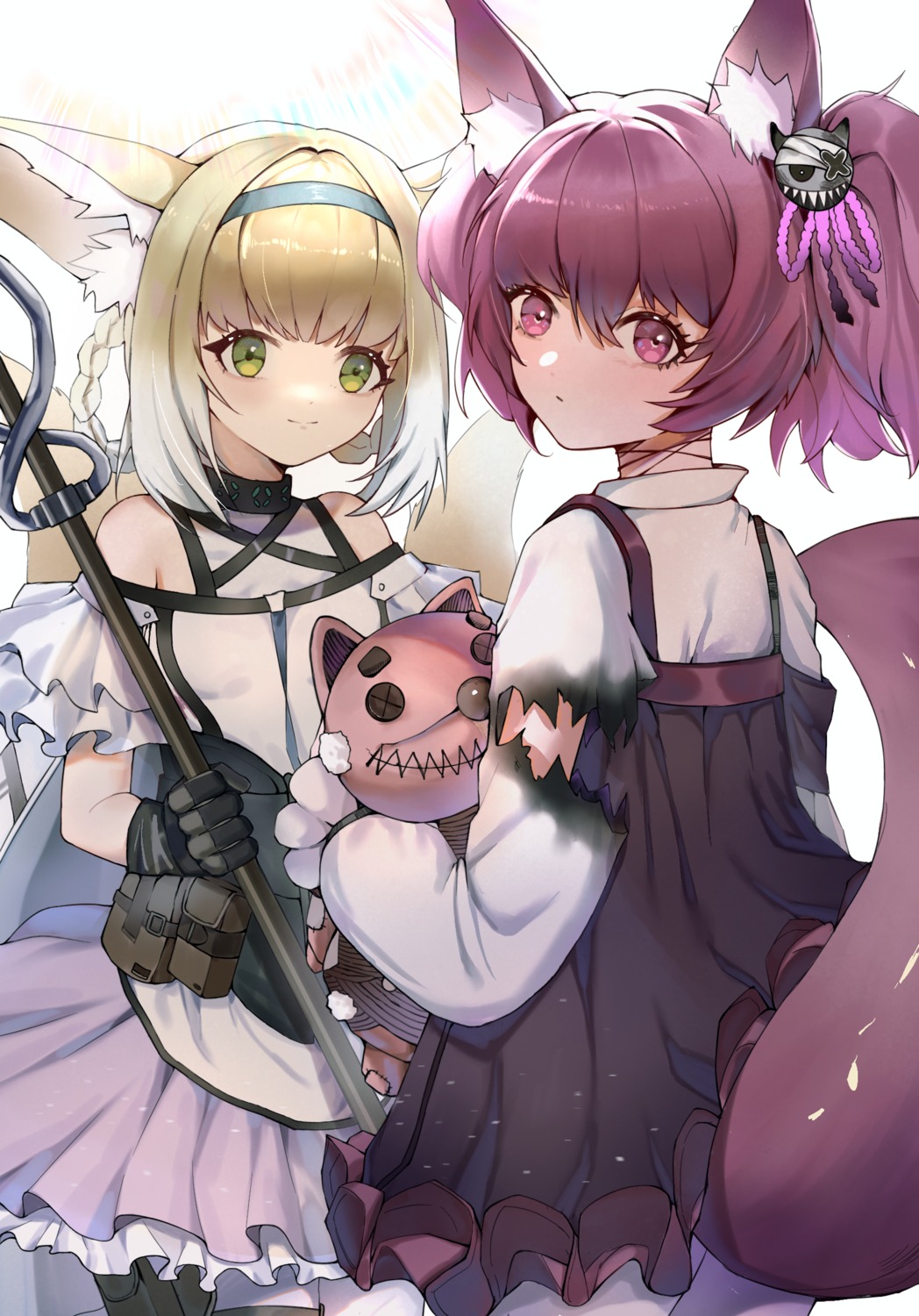 animal_ears, arknights, kitsune, shamare_(arknights), skirt_lift, suzuran_(arknights), tail, ufoliving, weapon