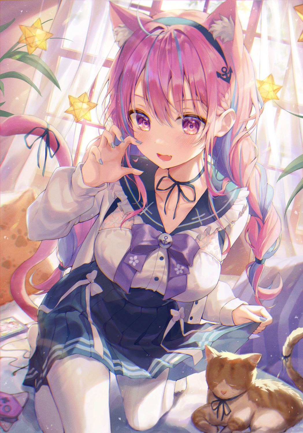 aibek, animal_ears, hololive, minato_aqua, neko, nekomimi, pantyhose, seifuku, skirt_lift, tail