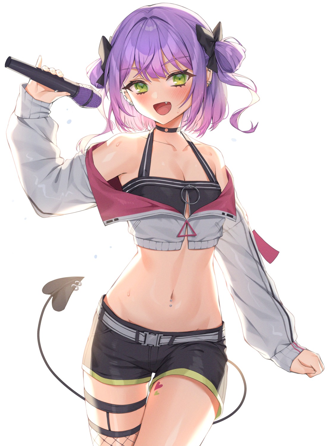 cleavage, fishnets, garter, hololive, stockings, tattoo, thighhighs, tokoyami_towa, xiho_(xi_ho_)