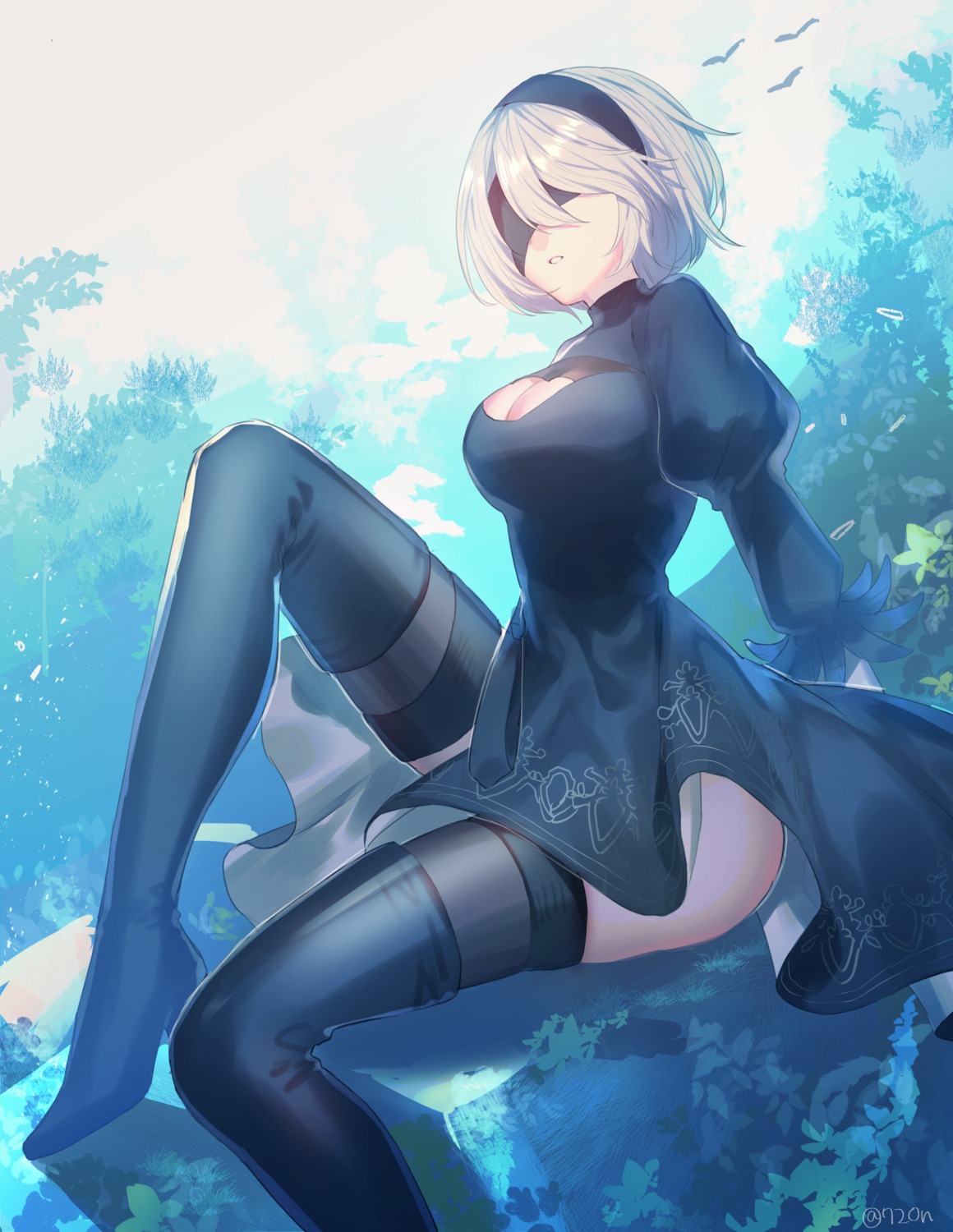 720yen, cleavage, dress, heels, nier, nier_automata, skirt_lift, thighhighs