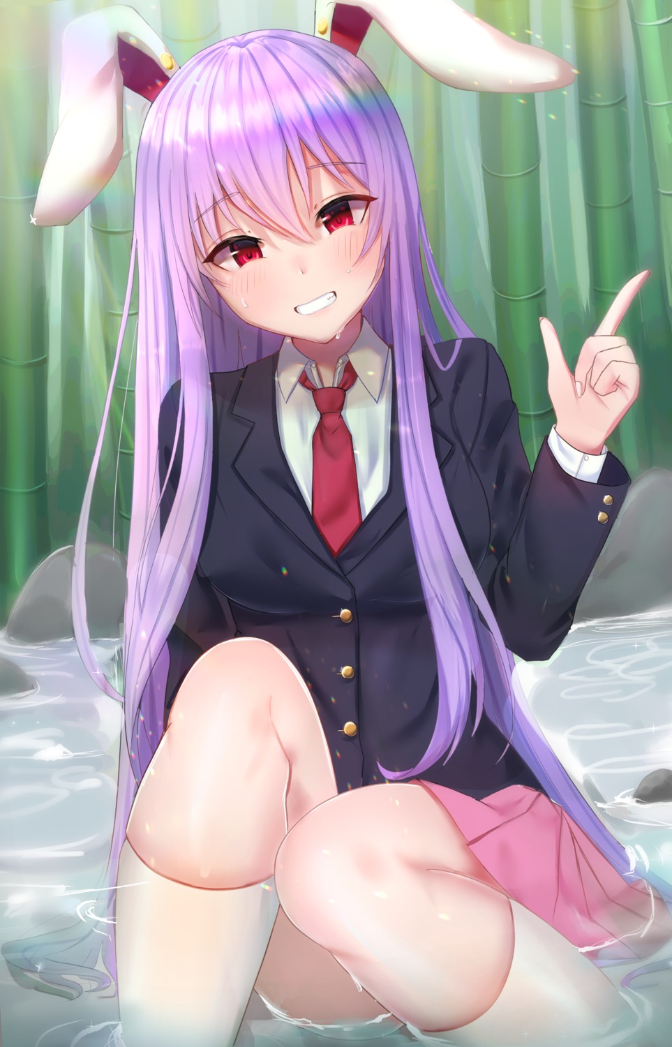 animal_ears, bunny_ears, merutoro10, reisen_udongein_inaba, seifuku, skirt_lift, touhou, wet